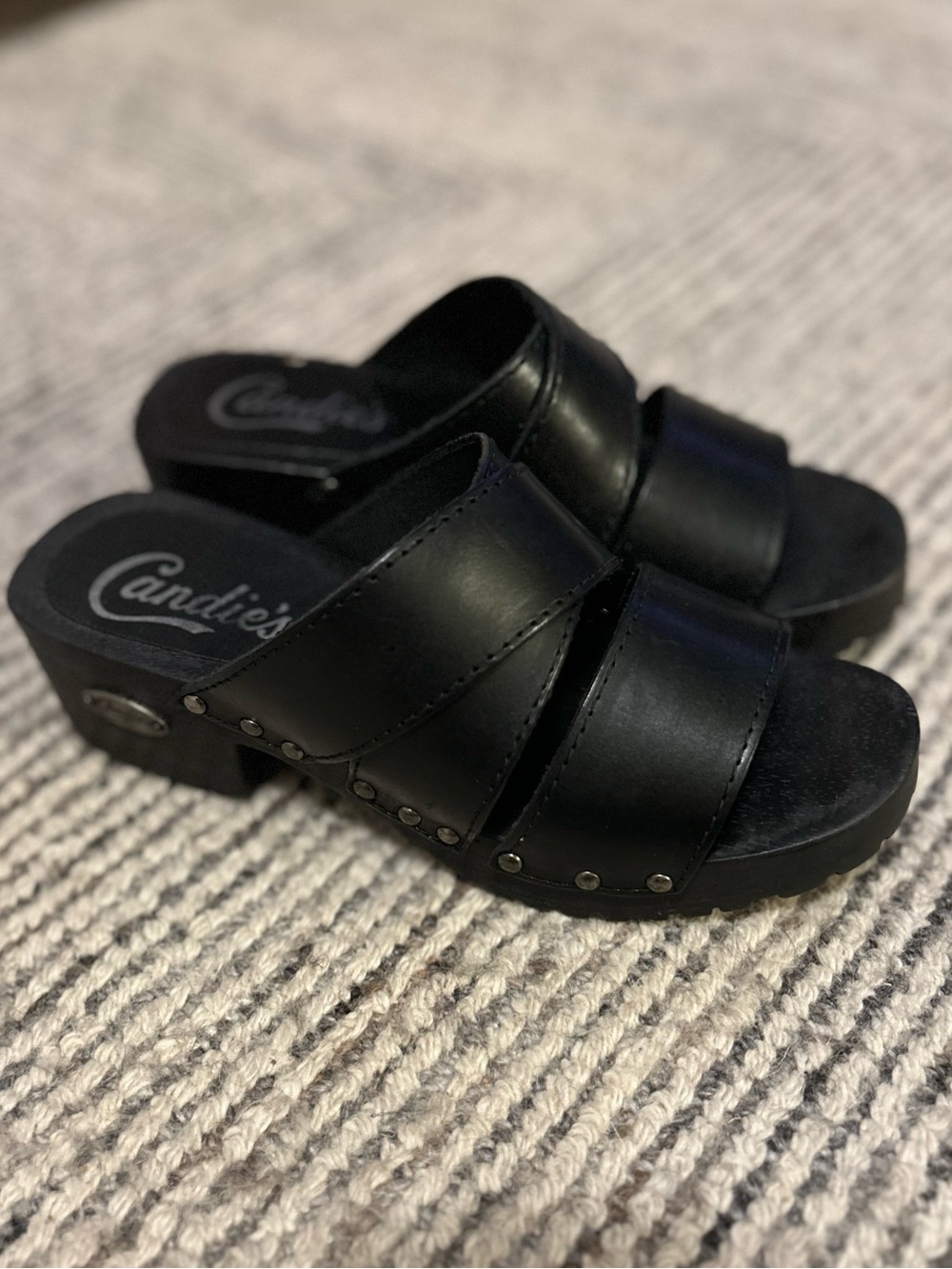 Y2K Candie's Leather Black Studded Slide Sandals Platform Size 6.5 Womens